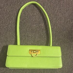 Lime Green Croc-Embossed Shoulder Bag
